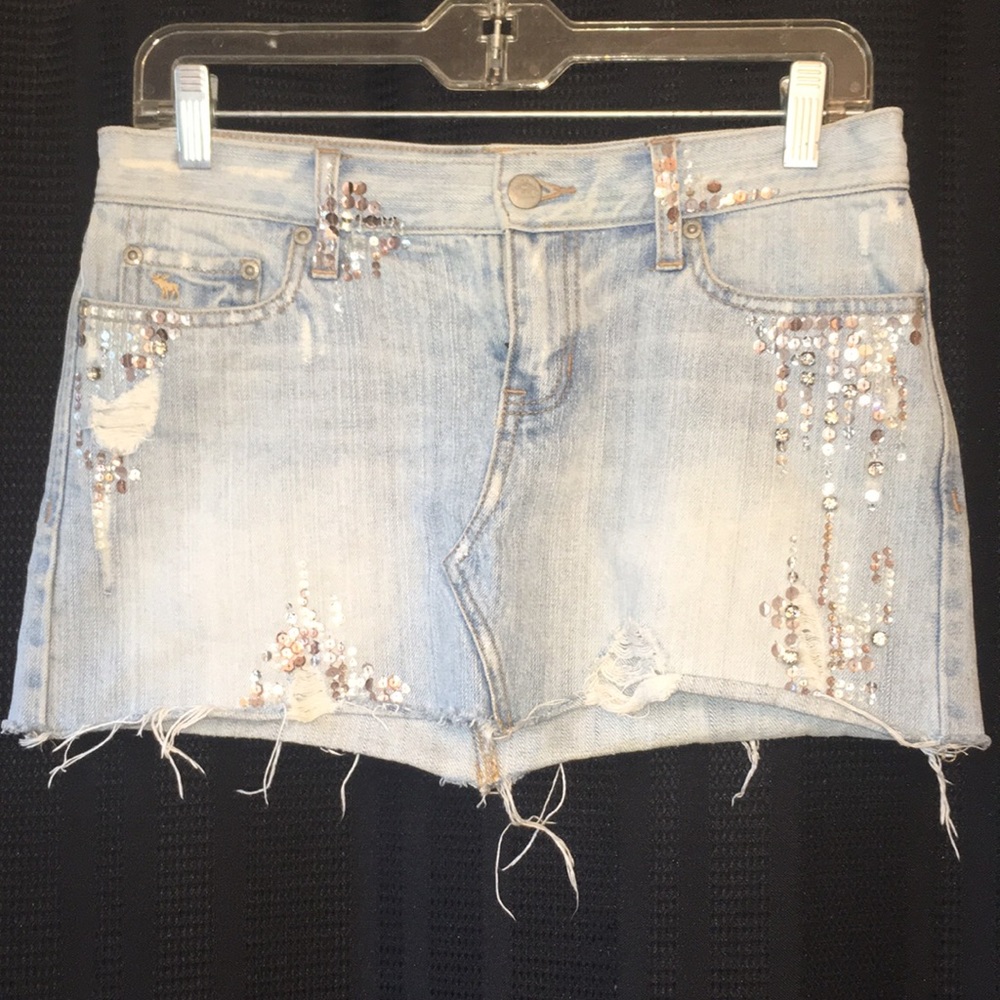 Vintage A&F Denim Distressed Denim Skirt with Rhinestones